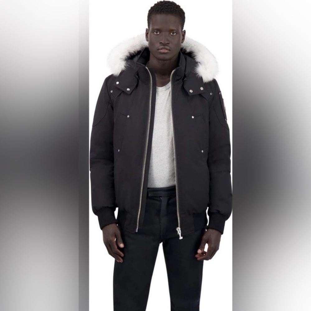 Moose Knuckles Black Puffer Jacket with White Fur Trim